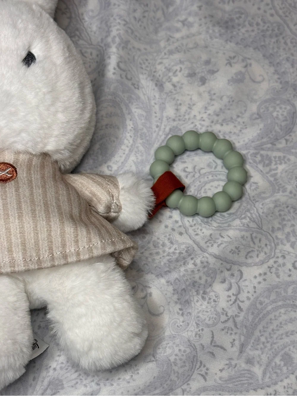 miffy White Plush Activity Toy with Beige Stripe Dress and Mint Teether